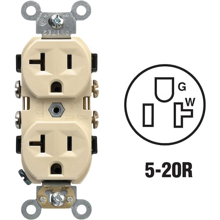 Leviton Straight Blade Receptacle, 5-20R, 20 A, 125V AC, 2 Pole, 3 Wire, Self-Grounded S01-CR20-IS